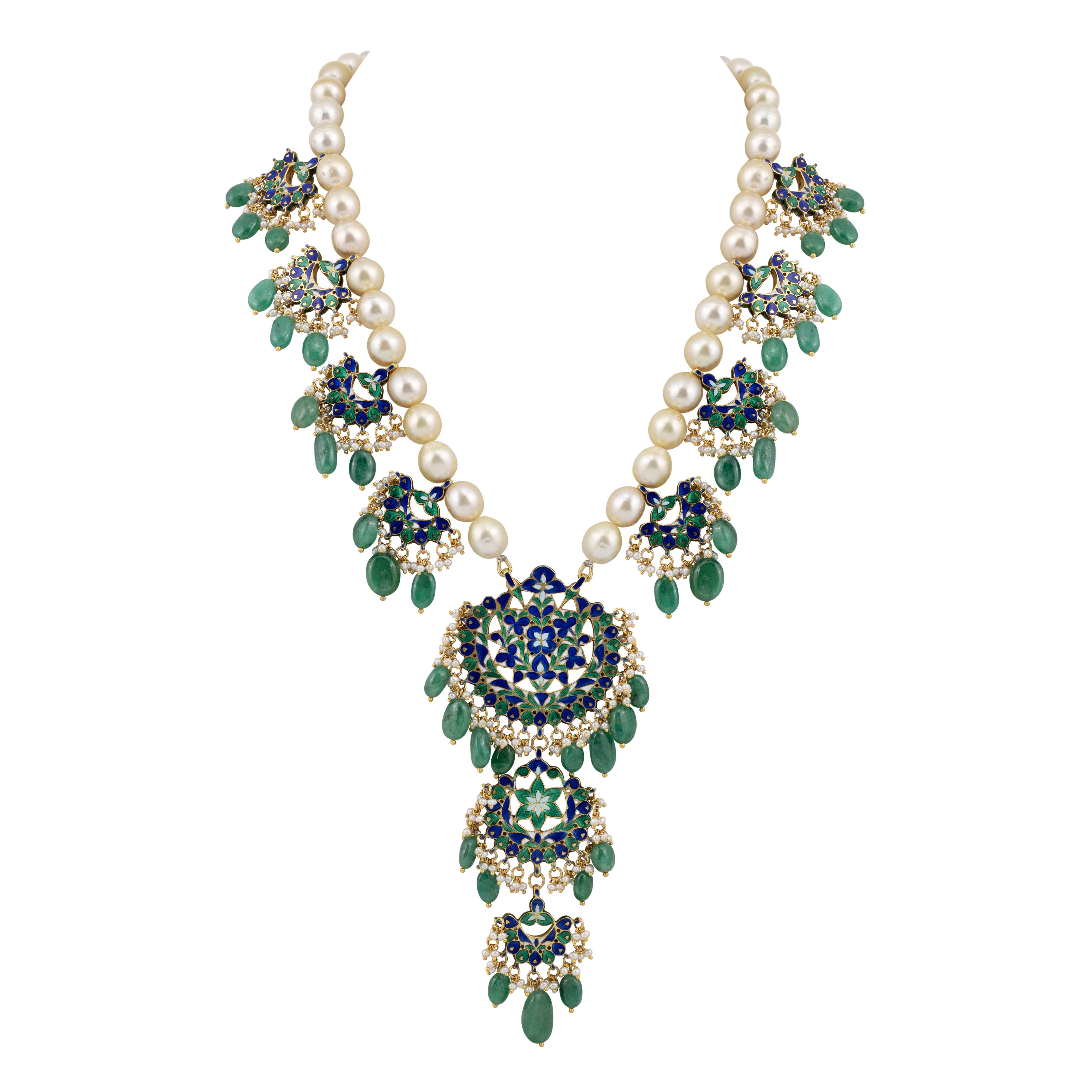 Pearl Chandbali Necklace with Emerald Drops